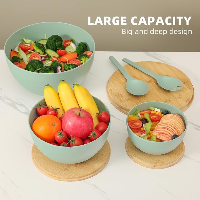 ECOWAY Salad Bowls Set of 3 with Lid & Serving Utensils, Bamboo Fiber Mixing Bowls Set Large Serving Bowls & Storage Set with Bamboo Lid for Salad, Kitchen Eating, Pasta, Popcorn, Chips, Fruit, Cyan - Image 6