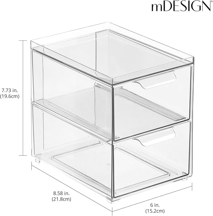 mDesign Stackable Storage Containers Box with 2 Pull-Out Drawers - Stacking Plastic Drawer Bins for Closet Organization, Linen, Coat, Bedroom or Entryway Closets - Lumiere Collection - 4 Pack, Clear - Image 3