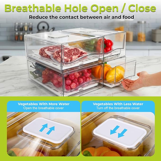 4Pack Fridge Organizer, Stackable Refrigerator Organizer Bins, Reusable Food Storage Containers, BPA-Free with Drain Tray for Bathroom, Kitchen, Refrigerator, Pantry (4 Drawers, Large, Medium) - Image 5