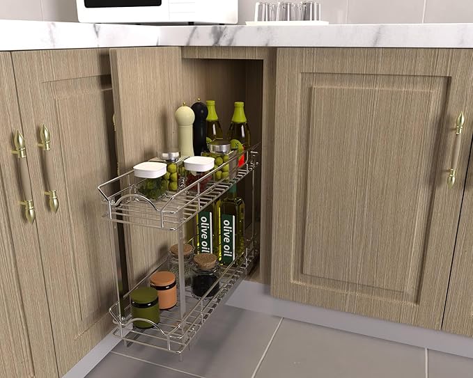 OCG Slide Out Cabinet Organizer for Narrow Cabinet (5" W X 21" D), 2 Tier Pull Out Shelves Slim Sliding Cabinet Organizer and Storage, Chrome - Image 6