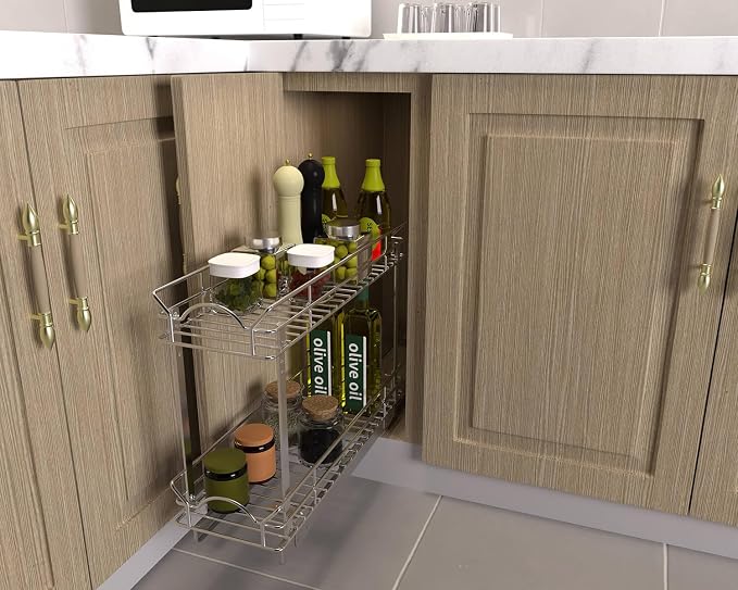 OCG Slide Out Cabinet Organizer for Narrow Cabinet (9" W X 21" D), 2 Tier Pull Out Shelves Slim Sliding Cabinet Organizer and Storage, Chrome - Image 6