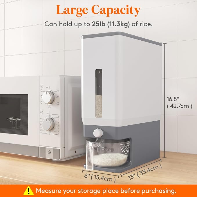 Lifewit Rice Dispenser 25 Lbs, Airtight Storage with Measuring Cup, Grey | BPA-Free 11.3kg Capacity Storage Container for Beans, Corn & Other Small Grains, One-Press Dispensing Bin for Kitchen Pantry - Image 4