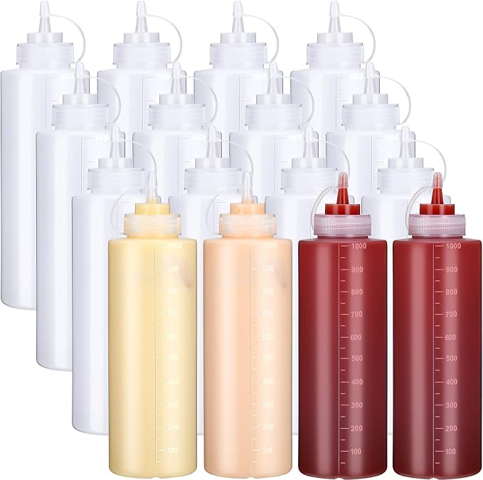 Hoolerry 16 Pieces 32 oz Squeeze Bottle Plastic Condiment Squeeze Bottles with Twist on Cap Lids and and Discrete Measurement Salad Dressing Squirt Bottles for Cooking Ketchup Dispenser for Sauces by Hoolerry
