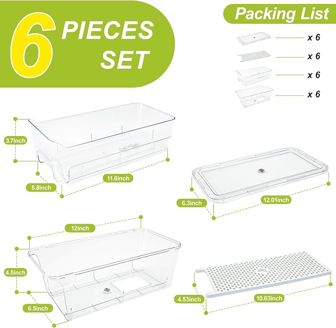 6-Pack Fridge Drawer Organizer, Pull-out Stackable Refrigerator Organizers and Storage, Clear Fruit Storage Containers Bins with Drain Tray for Kitchen Cabinet, Pantry Organization - Image 7
