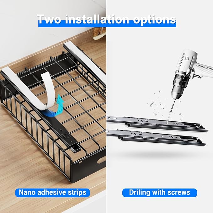 Mustorn 2 Pack Pull Out Cabinet Organizer, Slide Out Drawers for Cabinets, Peel and Stick, Heavy Duty Shelves for Kitchen, Cupboard, Pantry, Bathroom (16.5"D*11.8"W*3.94"H-Black) - Image 5