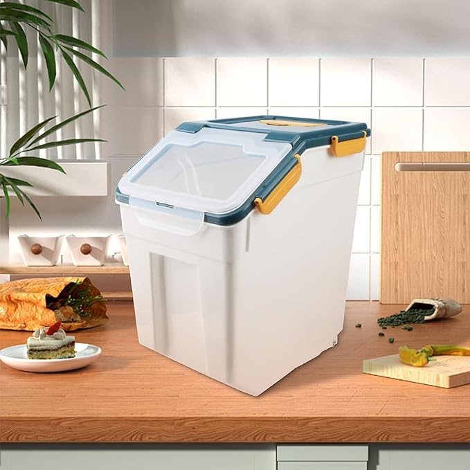 50LB Large Flour Storage Container Bin,2 Pack Airtight Plastic with Wheels Seal Locking Lid Dispenser Organizer Bin with Measuring Cup & Scoop for Flour, Rice, Grain 100LBS Total Capacity(Blue) - Image 3