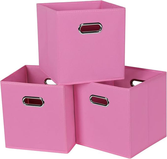 Black Fabric Cubby Storage Bins,13x13x13 Inches ,Cube Organizer Bin Foldable Storage Boxes with Dual Handles Fabric Organizer Box and collapsible Storage basket,Set of 3 ,Pink by Yunkeeper