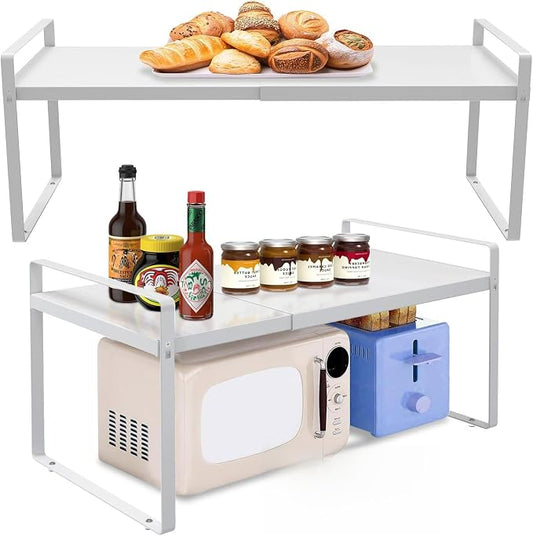 Adjustable Kitchen Shelf Organizer 9", (2 Pack) Heavy-Duty Cabinet Shelves for Countertop, Pantry & Microwave, Expandable Space-Saving Storage Rack with Non-Slip Pads, White by KOMOHOM
