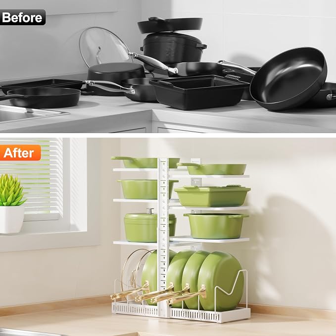 LAMU Pots and Pans Organizer under Cabinet, Pan Pot Organizers inside Cabinet with 6 Shelves and Pot Lid Organizer, Adjustable Height Up to 24", Holds up to 12 Pans, Lightweight Pots, White - Image 8