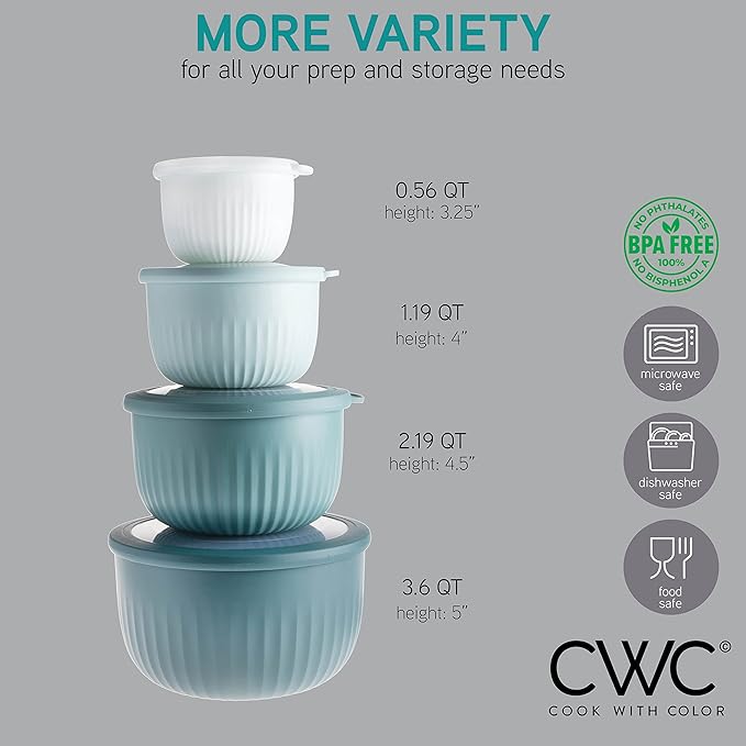 COOK WITH COLOR 4pc Plastic Mixing Bowl Set with Lids (Teal Ombre, 210 ml, 550 ml, 1150 ml, 3500 ml) - Sturdy, Nesting, BPA Free, Dishwasher Safe, Food Safe, Bowls for Cooking and Baking - Image 2