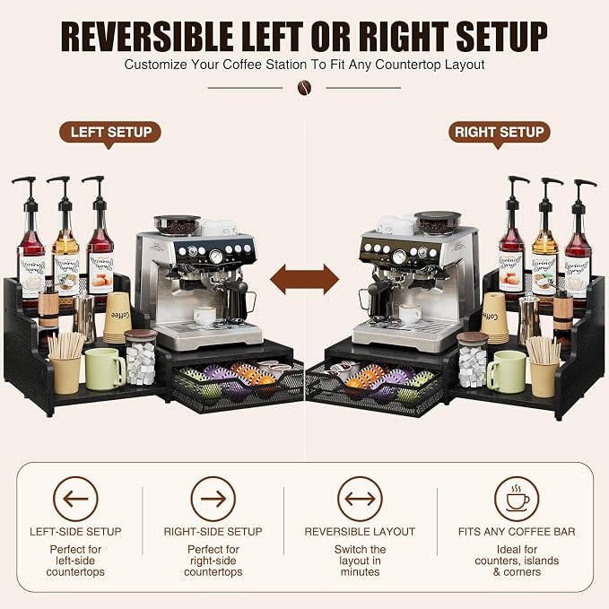 Coffee Station Organizer Compatible with Nespresso Vertuo Pods, Holds 48 Small or 32 Large Pods, 3-Tier Coffee Bar Organizer with K-Cup Holder, Coffee Pod Drawer & Syrup Cups Rack for Accessories - Image 8
