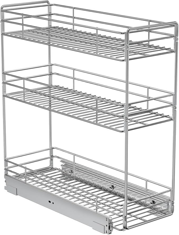 ROOMTEC 3-Tier Pull Out Cabinet Organizer for Narrow Cabinet (5.5" W X 20.5" D), Kitchen Cabinet Organizer and Storage Cabinet Pull Out Shelves Under Cabinet Storage for Kitchen, Chrome by ROOMTEC
