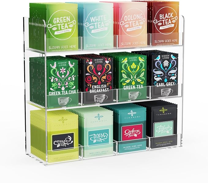 Acrylic Tea Bag Organizer, 3 Layers Tea Bag Holder for Tea Packets, Wall Mount Display Tea Caddy for Countertop or Cabinet, 12 Slots, Clear Acrylic by LaumffonOfficial