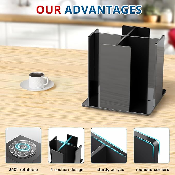 KOTEMON Cup and Lid Holder, 4 Compartment, Square | Rotating Coffee Cup Dispenser Lid Carousel for Restaurant, Buffet, Coffee Station, Bar, Countertop, Black Acrylic - Image 6