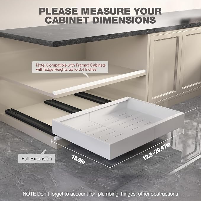 Seinloes 2 Pack Pull Out Cabinet Organizer 19" Deep,Full Extension 3 Slide Rails Slide Out Drawers With Raising Pad for Framed Cabinets,Expandable Width (12.3"-20.5"),No Drill Roll Out shelf,White - Image 6