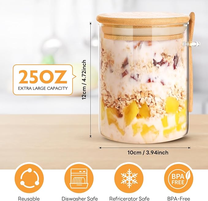 2 Pack 25oz Large Overnight Oats Containers with Lids, Overnight Oats Jars with Spoons, Glass Jars with bamboo Lids,salad jars with lids meal prep for Chia Seed Pudding Yogurt Cereal Coffee Flour - Image 2