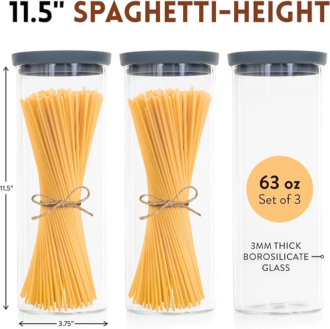 Glass Spaghetti Kitchen Storage Containers with Airtight Silicone Lids, BPA-Free Pantry Glass Storage Jars with Airtight Lid for Pasta and Dry Foods - Set of 3 with Portion Tool - Image 6