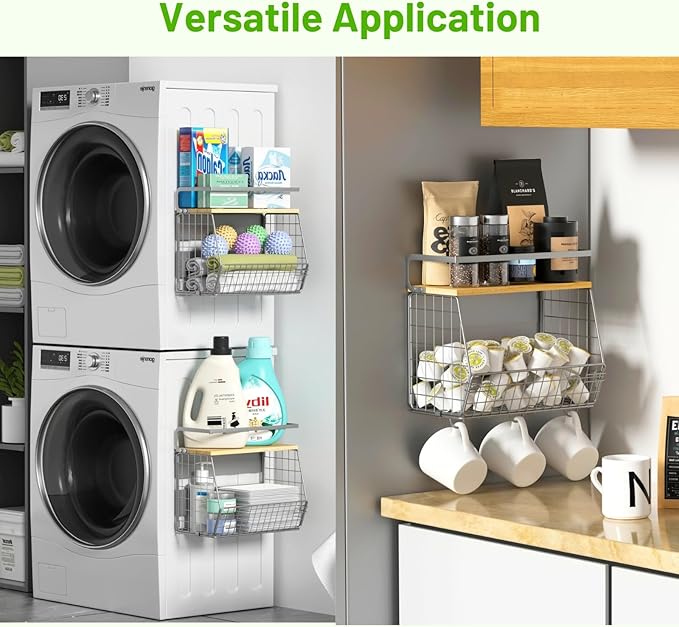 Magnetic Fridge Shelf with Wood Lid, Fruit Potato Onion Storage Bins, Pantry Organizers, Large Container Spice Rack for Refrigerator, Kitchen Counter, Cabinet (2, Silver) - Image 3