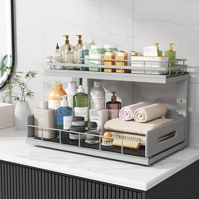 Under Sink Organizer Upgrade To Professional Rails,2-Tier Dual Pull Out Cabinet Storage,Height Adjustable Slide Out Drawers For Bathroom Kitchen,2 Pack-18.5"Dx12.8"-16.9"H,Gun Gray - Image 8