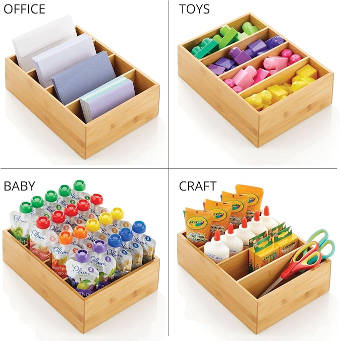 mDesign Bamboo Wood Food Storage Organizer Box, 4 Section, Divided Compartment Bin; Container for Kitchen, Pantry; Holder for Spices, Snacks, Tea, Coffee Cup - Echo Collection - 2 Pack - Natural - Image 7