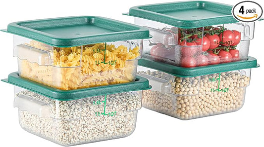 4 Pcs 2 QT Square Food Storage Containers with Green Lids Kitchen Container Set with Handle, Clear Scarle for Grain Bean Stackable Dishwasher Freezer Safe BPA-Free Polycarbonate Home Party by EGGKITPO