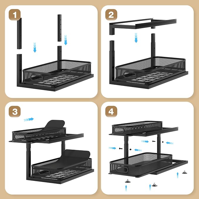 1 Pack Under Sink Storage Organizer with 2-Tier Slide Out Drawer, Sophisticated Mesh Pull Out Shelf for Kitchen & Bathroom, Fits Small Items, Upgraded Arched Track for Smooth Gliding-Black - Image 4