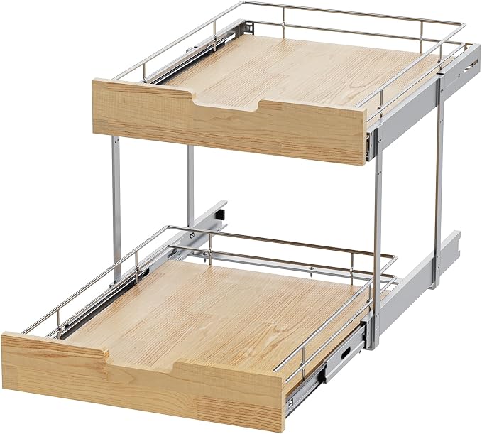 Sikarou Pull Out Cabinet Organizer,Heavy-Duty Slide Out Shelf, Wood and Wire Basket, Pull Out Drawer for for Kitchen Under Sink Space, Pantry, Bathroom, 2 Tie 14 * 21 in - Image 4