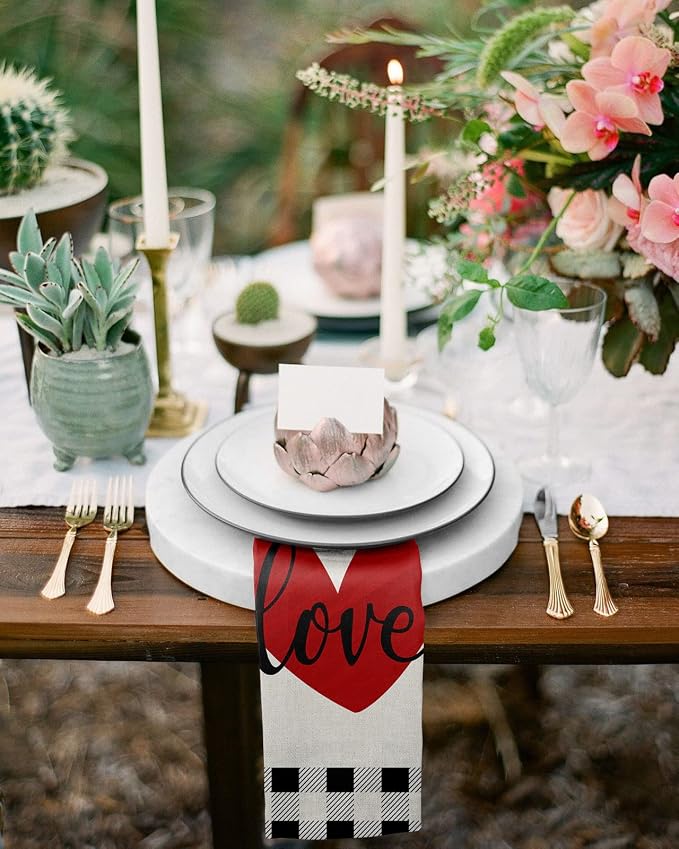 Kitchen Cloth Napkins 6 Pack Reusable Dinner Napkins Love Valentines Red Heart Black White Buffalo Plaid Linen Soft Smooth Fabric Table Napkin for Wedding Banquet Party Decoration (20x20 Inches) - Image 4