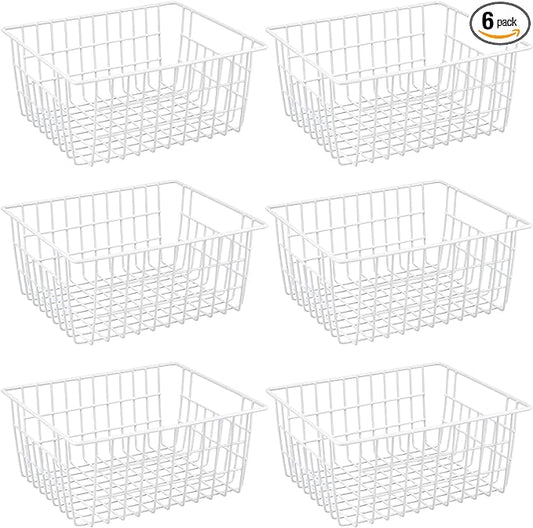 Redrubbit Wire Storage Baskets, Large Farmhouse Metal Freezer Basket Storage Organizer Bins with Handles for Kitchen Cabinets, Pantry, Closets, Bedrooms, Bathrooms, Set of 6, White by Redrubbit