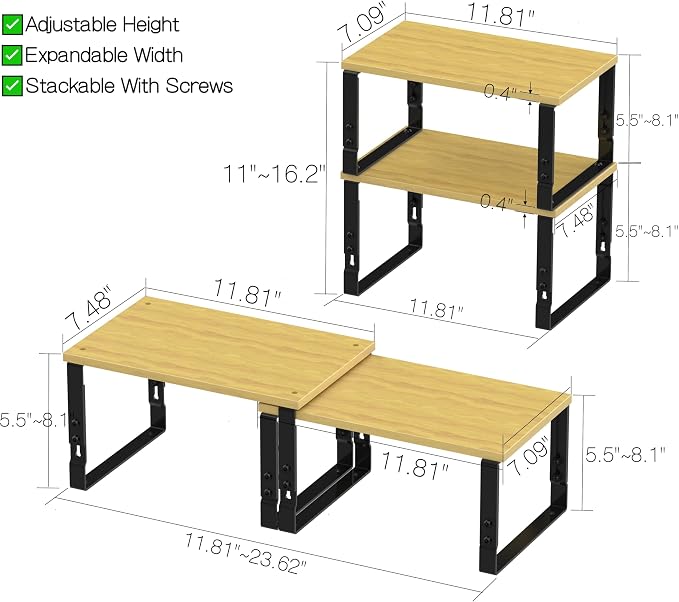 Adjustable Storage Shelves for Kitchen Cabinet Organization - Set of 2 Stackable Metal & Solid Wood Racks, Space-Saving Design for Countertop/Pantry/Garage, Easy Assembly(2 Packs/Medium/Black) - Image 6