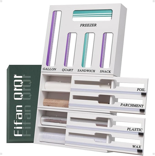 9 In 1 Storage Bag Organizer And Plastic Wrap Dispenser With Cutter, Bamboo Foil and Plastic Wrap Organizer by Unknown