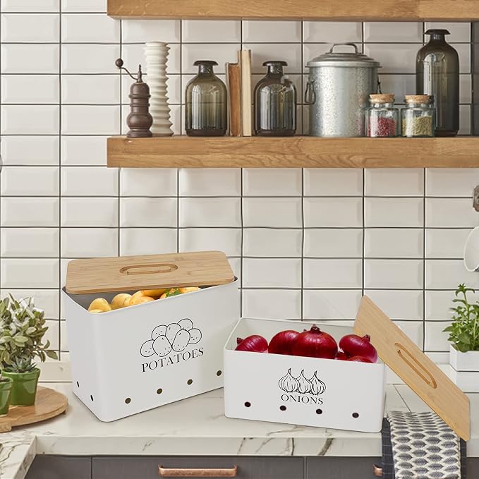 Potato and Onion Storage Bin Set of 2, Vented Metal Vegetable Storage with Wooden Lids, Farmhouse Kitchen Canisters for Countertop Pantry Organizer, Potato Bin Onion Holder for Produce Storage, White - Image 7