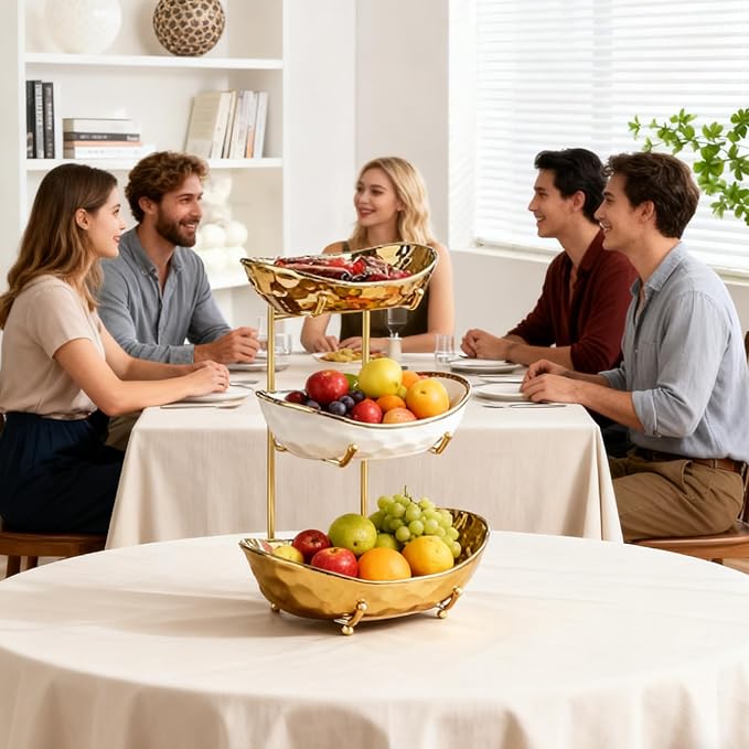 3 Tier Ceramic Fruit Bowl with Metal Stand - Kitchen Countertop Organizer for Fruits, Snacks, Desserts, Nuts, Candy Storage, Modern Serving Basket for Party, Dining & Home Decor - Image 5