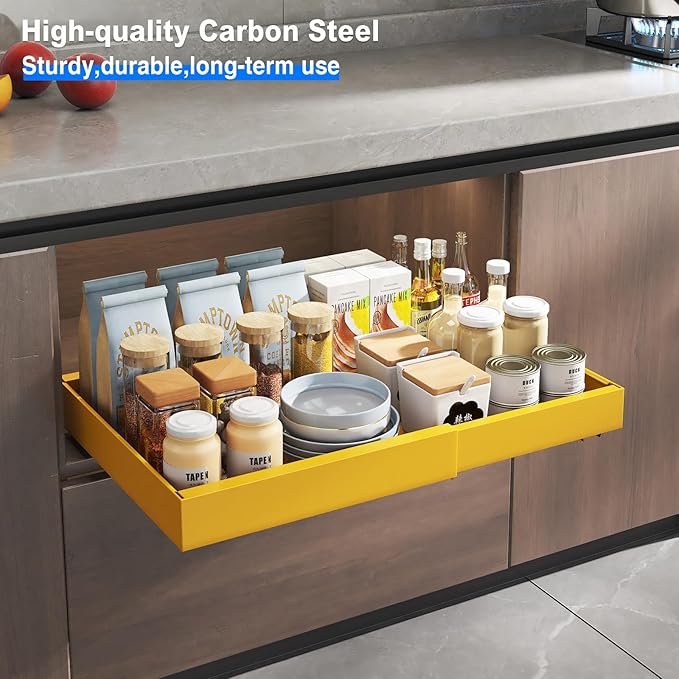 Mustorn 2 Pack Pull Out Cabinet Organizer, Expandable Slide Out Drawers for Kitchen Cabinets Peel and Stick Pullout Drawer Heavy Duty Sliding Shelves for Cupboard, Pantry, Bathroom(16.5" Deep, Yellow) - Image 7