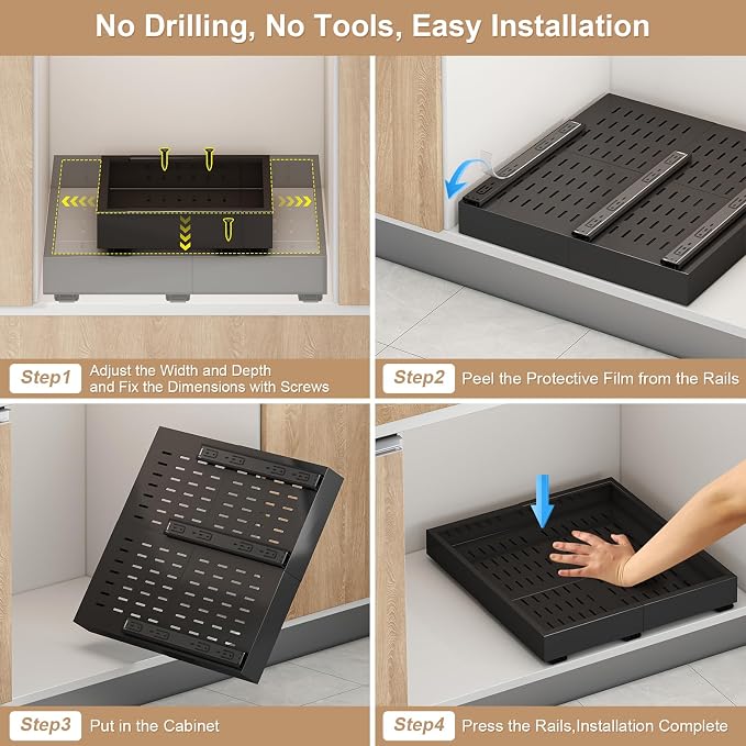 Fokyfok Pull out Cabinet Organizer,14"-21"W, 17"-24"D,Expandable,Adhesive | No Drill,3 Rails,Adjustable Slide out Drawers for Kitchen,Pantry,Roll out Shelves,for Cabinets Without Lip,Bathroom,Black,1PC - Image 5