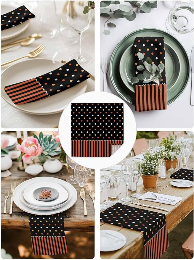 Halloween Cloth Napkins 20x20in Orange Black Striped Washable Soft Dinner Napkins Polka Dot Table Napkin Cloth for Hotel, Holiday, Dinner, Parties Table Decorations Set of 6 - Image 6