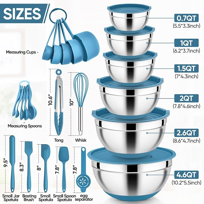 E-far 25PCS Mixing Bowls with Lid Set, Stainless Steel Nesting Prep Bowls with Grater Attachments Non-Slip Bottoms for Cooking, Baking, Serving, Food Storage, 4.6/2.6/2/1.5/1/0.7QT - Blue - Image 2