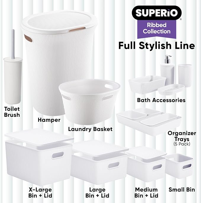 Superio Ribbed Collection - Decorative Plastic Basket Open Home Storage Bins Organizer, White (Set of 3) 1 Medium, 2 Small - Container Boxes for Organizing Closet Storage Bins for Shelves - Image 6