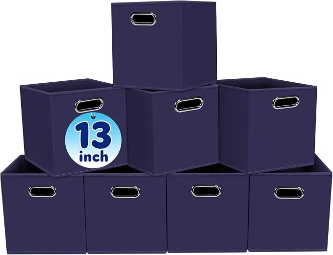 Fabric Cubby Storage Bins,13x13x13 Inches,Cube Organizer Bin Foldable Storage Boxes with Dual Handles Fabric Organizer Box and collapsible Storage basket,Set of 8,Navy Blue by Yunkeeper