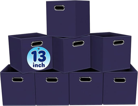 Fabric Cubby Storage Bins,13x13x13 Inches,Cube Organizer Bin Foldable Storage Boxes with Dual Handles Fabric Organizer Box and collapsible Storage basket,Set of 8,Navy Blue by Yunkeeper