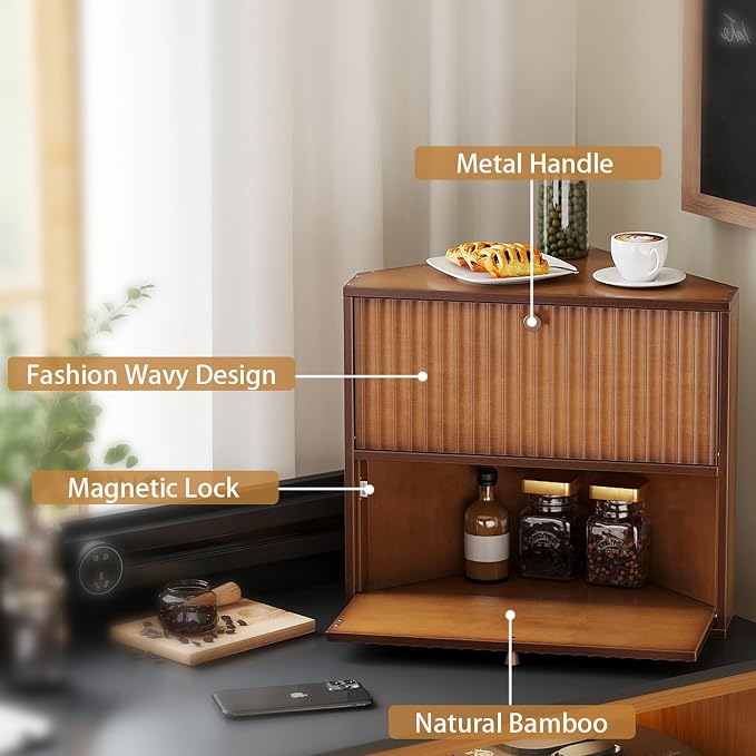 Trironsun Corner Bread Box for Kitchen Countertop Bamboo Two Layer Large Capacity Bread Storage Bin Vintage Storage for Homemade Bread (Brown) - Image 4