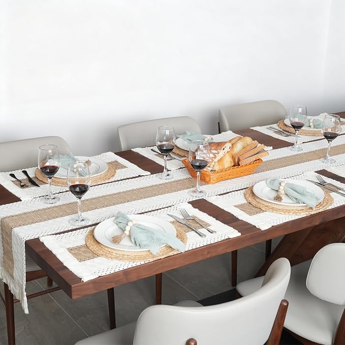 Placemats Set of 4 w/Charger Plates Table Mats Table Runner & Napkin Rings | All in One Placemats,Boho Farmhouse Style Heat-Resistant Non-Slip Protective Round Woven Placemats for Dining Table Décor - Image 2