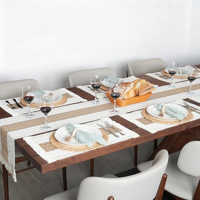 Placemats Set of 6 w/Charger Plates Table Mats Table Runner & Napkin Rings | All in One Placemats,Boho Farmhouse Style Heat-Resistant Non-Slip Protective Round Woven Placemats for Dining Table Décor - Image 7