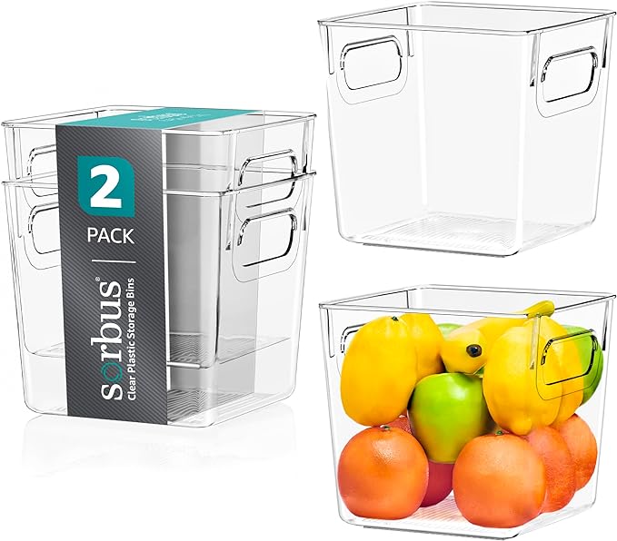 Sorbus Small Clear Plastic Storage Bins for Shelves, Clothes, with Handle - Clear Storage Bins, Drawer, Shelf, Closet, Pantry, Fridge, Freezer Organizer Bins, Closet Organizers and Storage (2 pack) by Sorbus