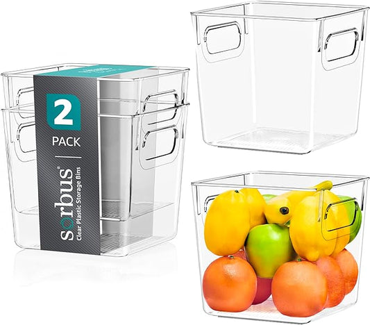 Sorbus Small Clear Plastic Storage Bins for Shelves, Clothes, with Handle - Clear Storage Bins, Drawer, Shelf, Closet, Pantry, Fridge, Freezer Organizer Bins, Closet Organizers and Storage (2 pack) by Sorbus