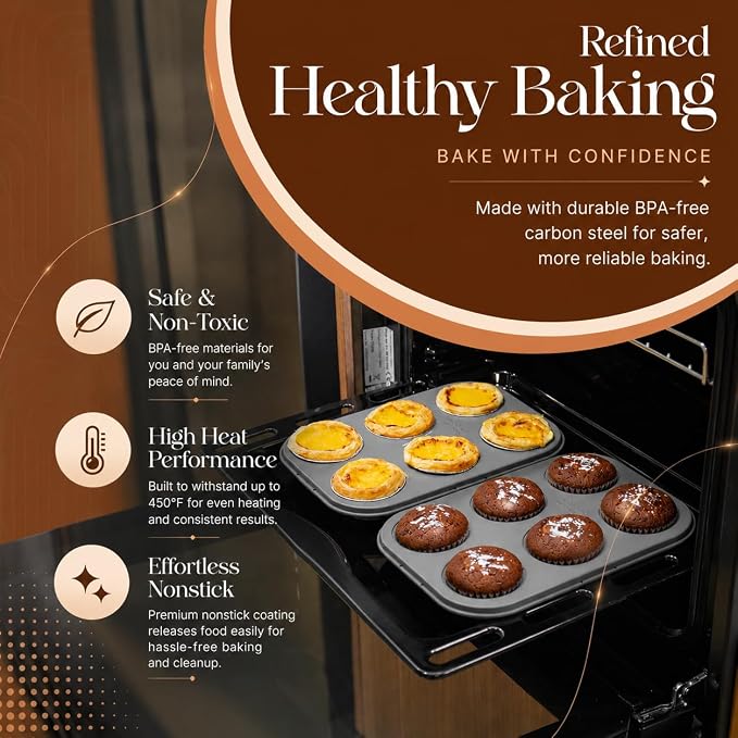 Nonstick Bakeware Set 8 Piece - Stackable Baking Pan Set, Oven safe 450°F, Carbon Steel Baking Set with Muffin, Loaf, Cookie Sheets & Roaster, Easy Storage, BPA-Free (Gray) - Image 6