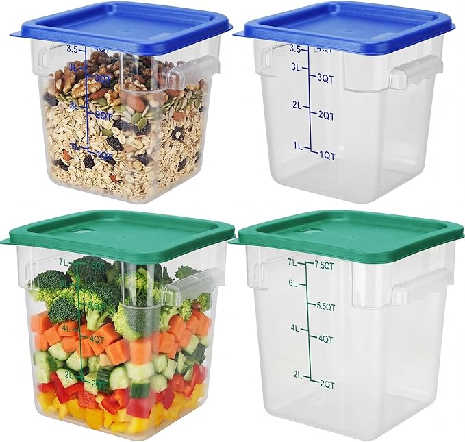 Lallisa 4 Pcs 8qt & 4qt Clear Food Storage Containers with Lids Handles and Scales, Stackable Plastic Square Food Storage Containers for Dough Proofing Baking Kitchen Restaurant(Blue, Green) by Lallisa