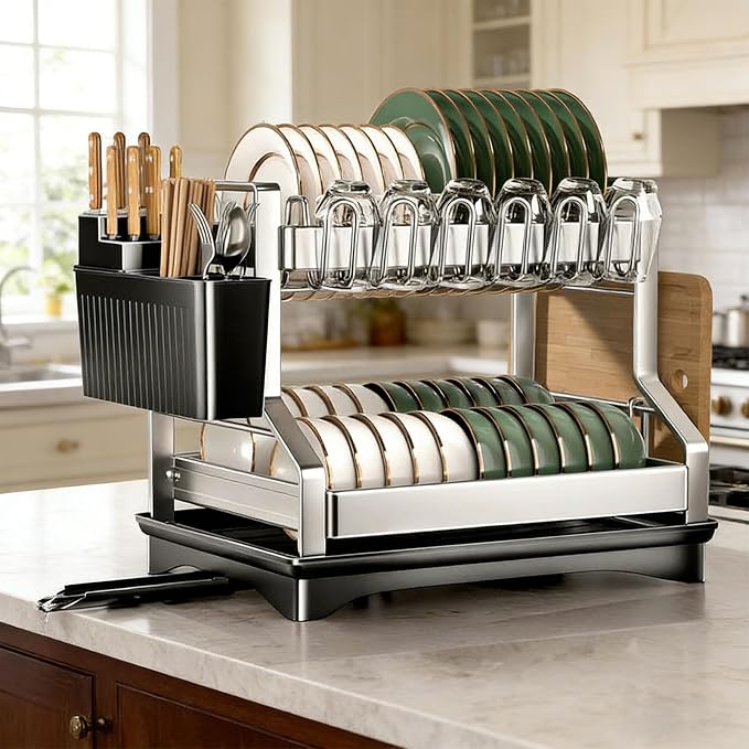 Fandian Dish Drying Rack 2 Tier Dish Racks for Kitchen Counter and Sink, Large Dish Drying Rack with Drainboard & Utensil Holders Stainless Steel Dish Drainers Kitchen Organization and Storage - Image 6
