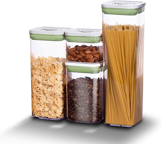 Set of 4 Pop Airtight Food Storage Containers with Date Recording Lids, Stackable Plastic Kitchen Storage Containers, Dry Cereal Container Set for Pantry Countertop Fridge Organization by Linoroso