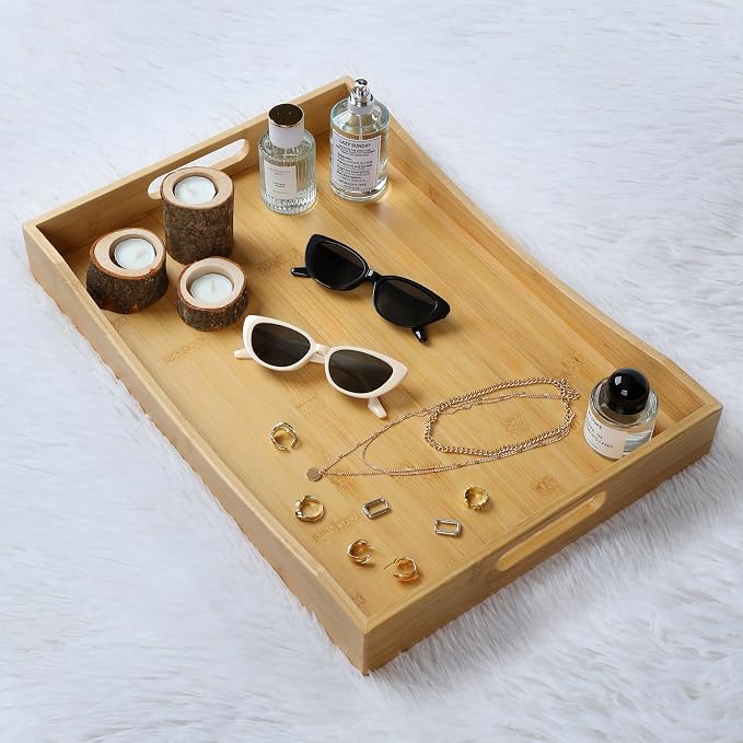 Gobam Bamboo Serving Tray with Handles, 19.7 x 13.8 inch Rectangular Decorative Tray for Entryway, Kitchen, Dining & Living Room, Large Wooden Breakfast Trays for Bed, Coffee Table & Ottoman - Image 4